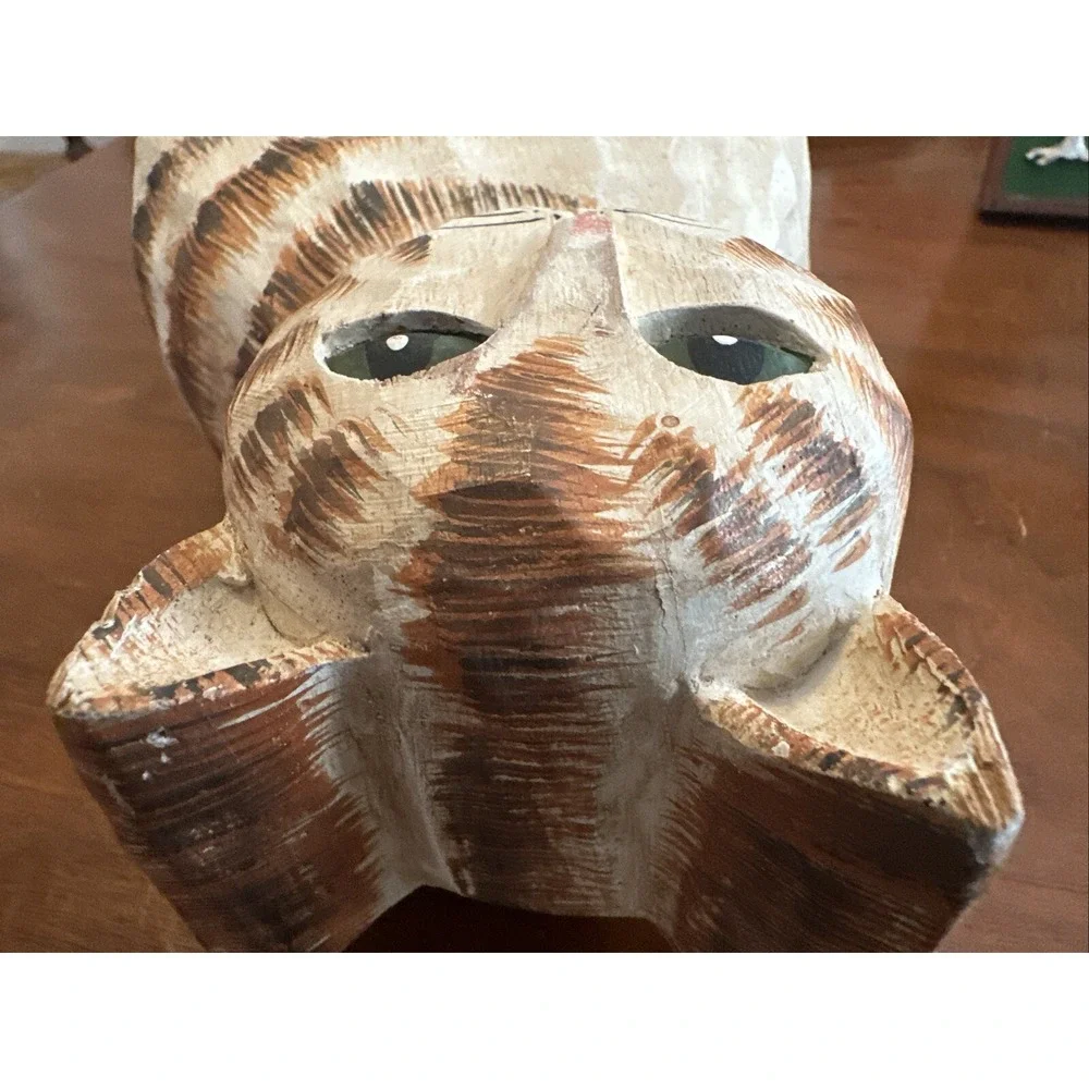 James Haddon Folk Art Wood Carved Striped Cat Figurine Signed